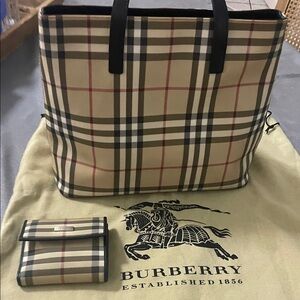 Burberry Beige and Black Check Tote with Wallet